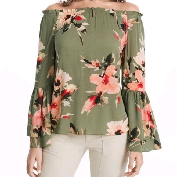 White House Black Market Off Shoulder Sage Floral Long Sleeve Peasant Top Size M - Picture 7 of 9